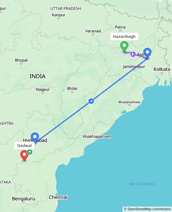 Route map showing distance and travel time from Hazaribagh, India to Gadwal, India