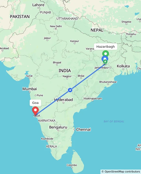 Route map showing distance and travel time from Hazaribagh, India to Goa, India