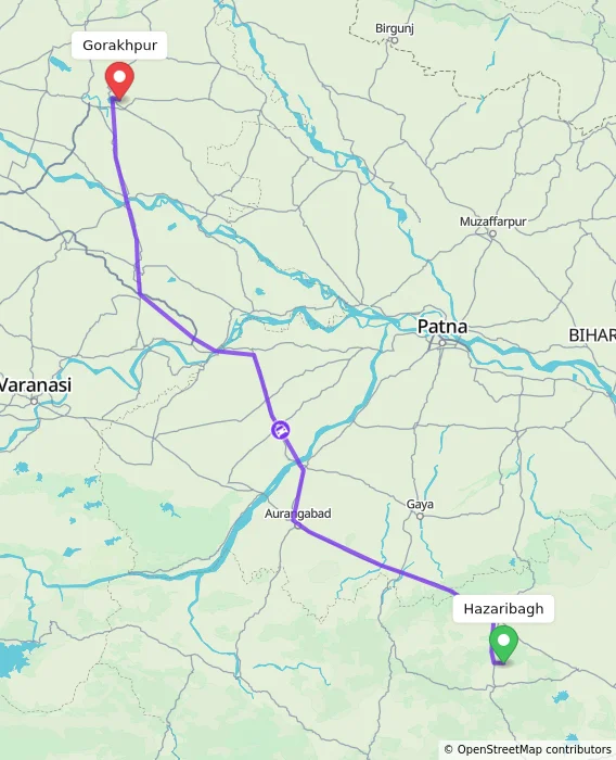 Route map showing distance and travel time from Hazaribagh, India to Gorakhpur, India
