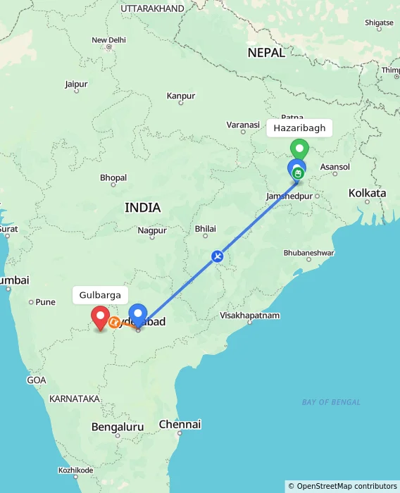 Route map showing distance and travel time from Hazaribagh, India to Gulbarga, India
