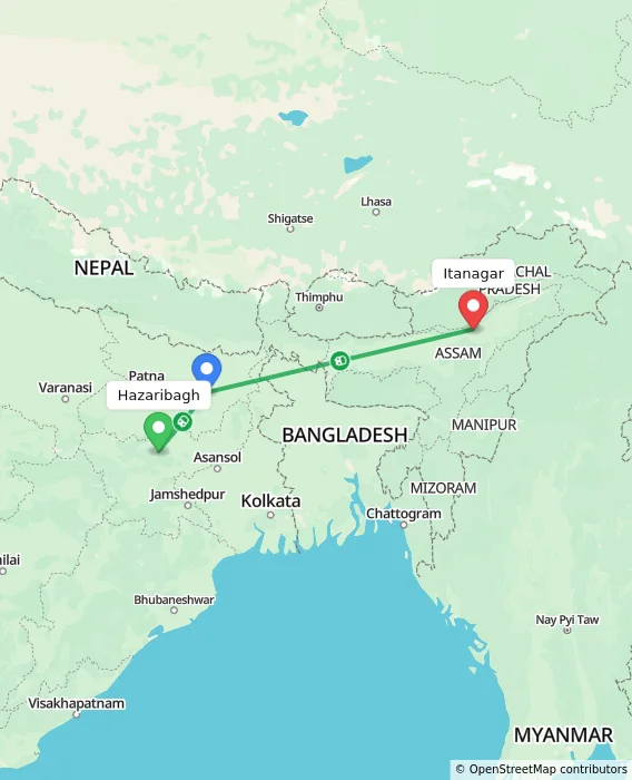 Route map showing distance and travel time from Hazaribagh, India to Itanagar, India