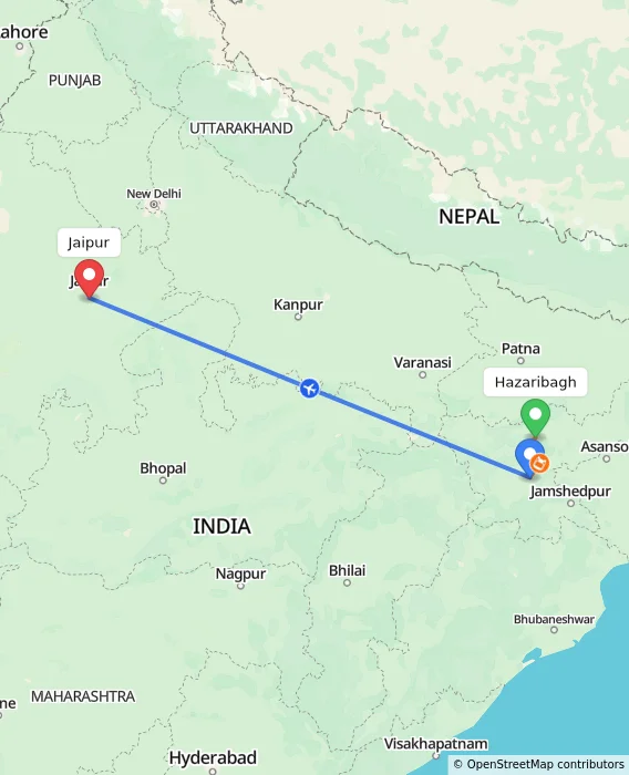 Route map showing distance and travel time from Hazaribagh, India to Jaipur, India