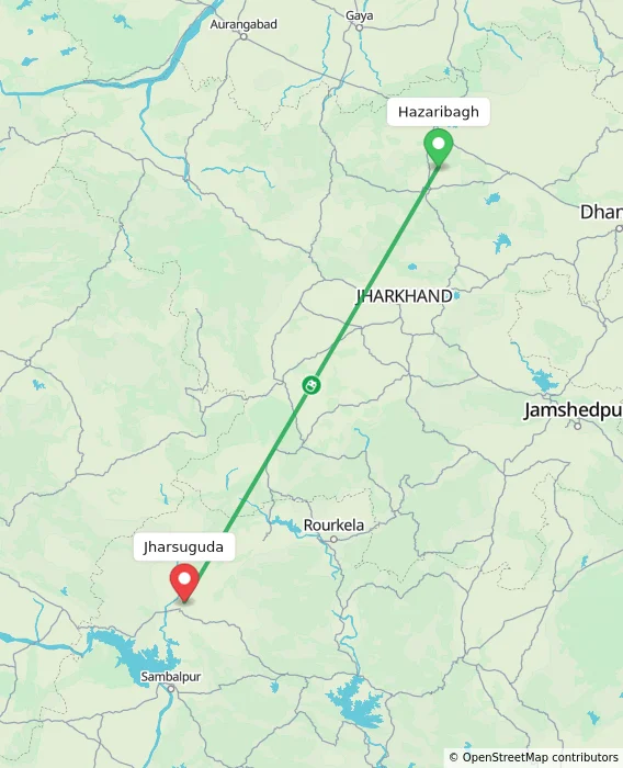 Route map showing distance and travel time from Hazaribagh, India to Jharsuguda, India