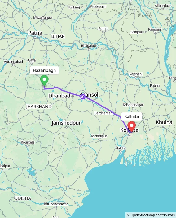 Route map showing distance and travel time from Hazaribagh, India to Kolkata, India