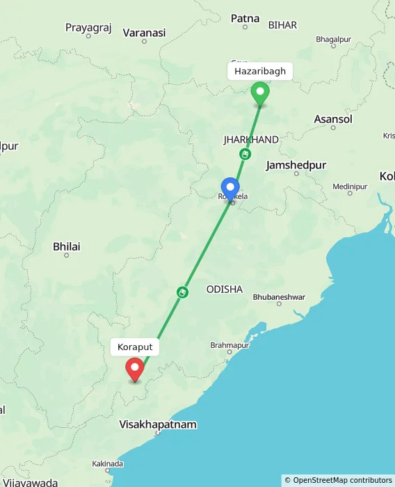 Route map showing distance and travel time from Hazaribagh, India to Koraput, India
