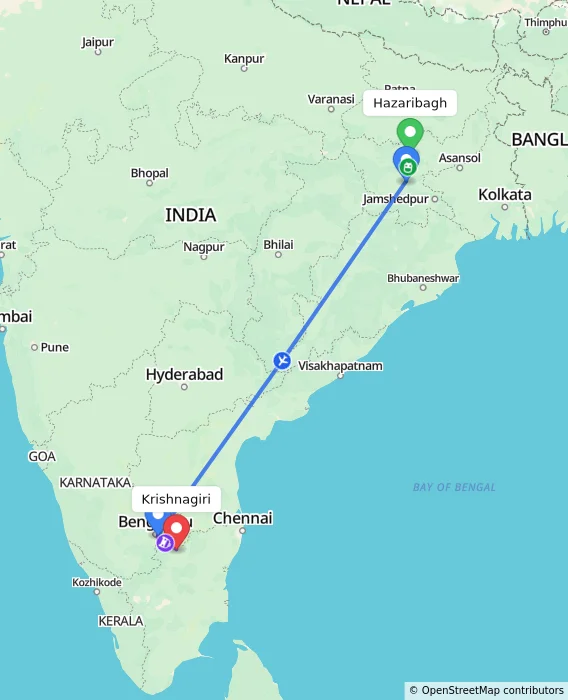 Route map showing distance and travel time from Hazaribagh, India to Krishnagiri, India