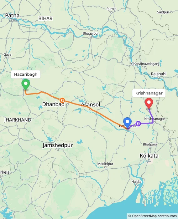 Route map showing distance and travel time from Hazaribagh, India to Krishnanagar, India
