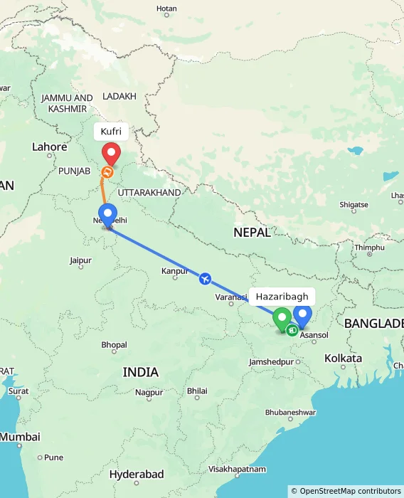 Route map showing distance and travel time from Hazaribagh, India to Kufri, India