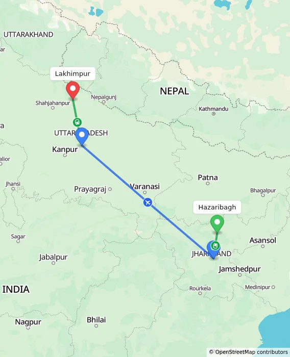 Route map showing distance and travel time from Hazaribagh, India to Lakhimpur, India