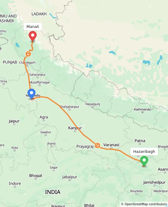 Route map showing distance and travel time from Hazaribagh, India to Manali, India