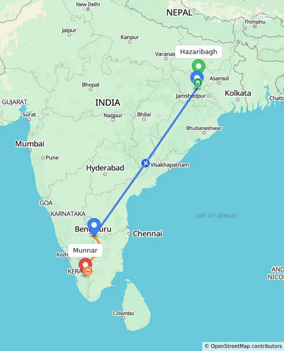 Route map showing distance and travel time from Hazaribagh, India to Munnar, India