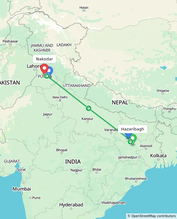 Route map showing distance and travel time from Hazaribagh, India to Nakodar, India