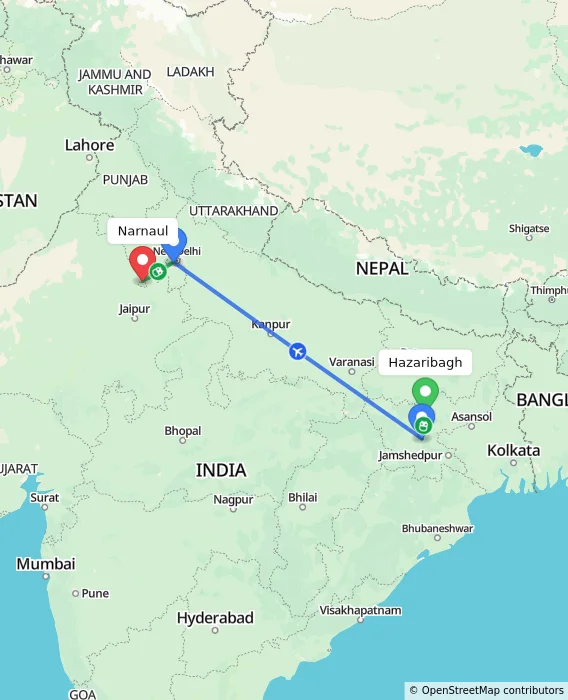 Route map showing distance and travel time from Hazaribagh, India to Narnaul, India