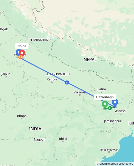 Route map showing distance and travel time from Hazaribagh, India to Noida, India