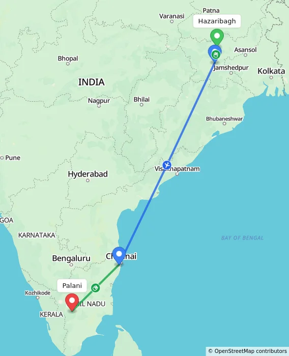 Route map showing distance and travel time from Hazaribagh, India to Palani, India