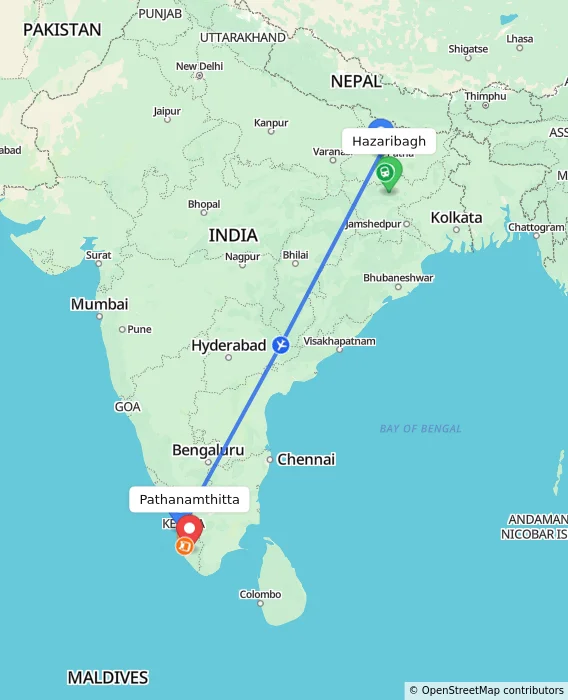 Route map showing distance and travel time from Hazaribagh, India to Pathanamthitta, India