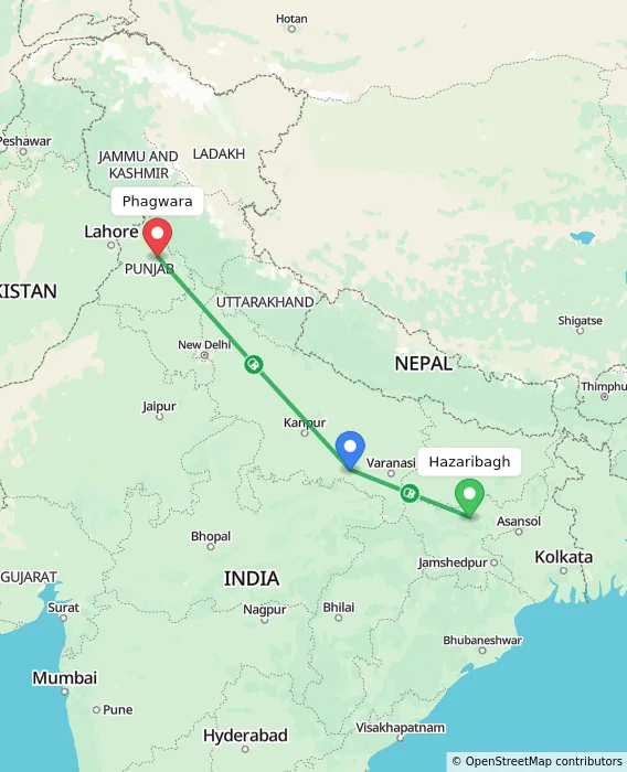 Route map showing distance and travel time from Hazaribagh, India to Phagwara, India
