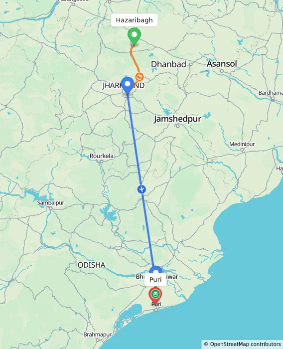 Route map showing distance and travel time from Hazaribagh, India to Puri, India