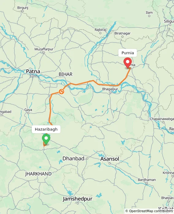 Route map showing distance and travel time from Hazaribagh, India to Purnia, India
