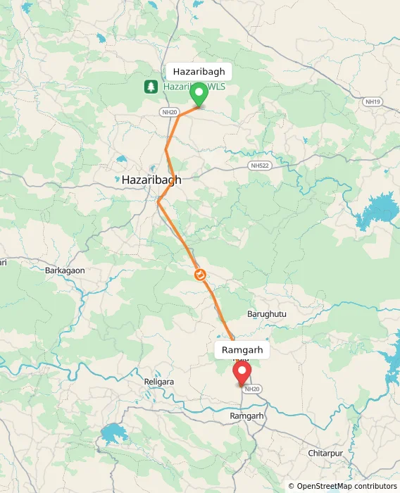Route map showing distance and travel time from Hazaribagh, India to Ramgarh, India
