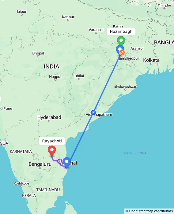 Route map showing distance and travel time from Hazaribagh, India to Rayachoti, India