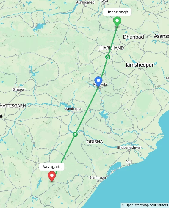 Route map showing distance and travel time from Hazaribagh, India to Rayagada, India