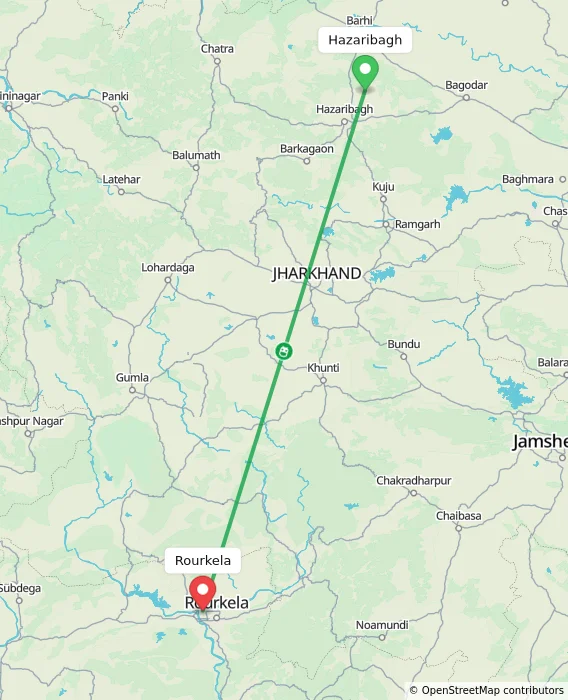 Route map showing distance and travel time from Hazaribagh, India to Rourkela, India