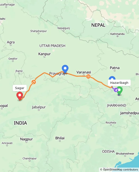 Route map showing distance and travel time from Hazaribagh, India to Sagar, India