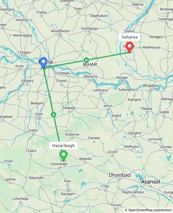 Route map showing distance and travel time from Hazaribagh, India to Saharsa, India