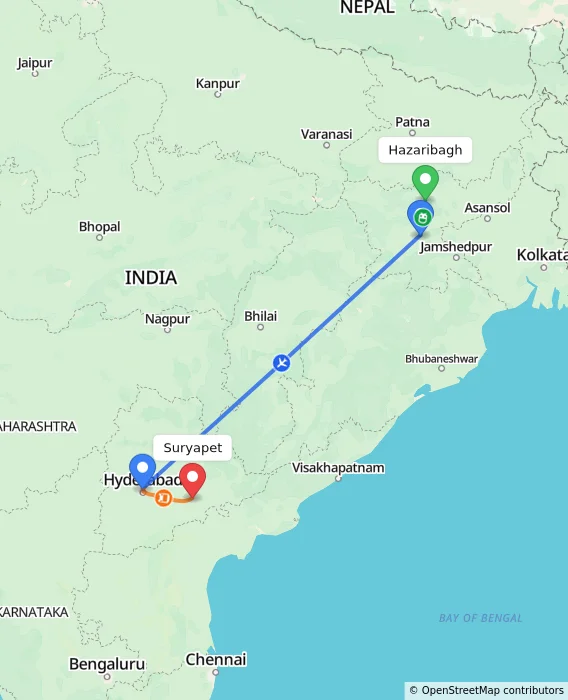 Route map showing distance and travel time from Hazaribagh, India to Suryapet, India