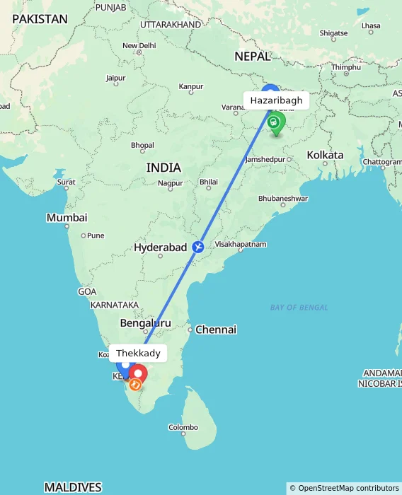 Route map showing distance and travel time from Hazaribagh, India to Thekkady, India