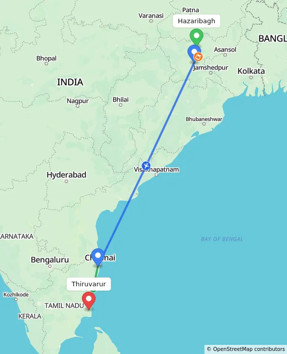 Route map showing distance and travel time from Hazaribagh, India to Thiruvarur, India