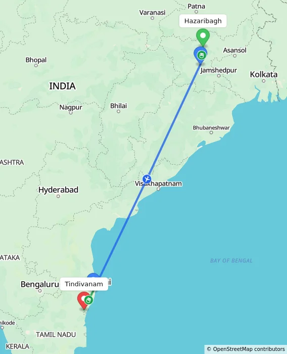 Route map showing distance and travel time from Hazaribagh, India to Tindivanam, India