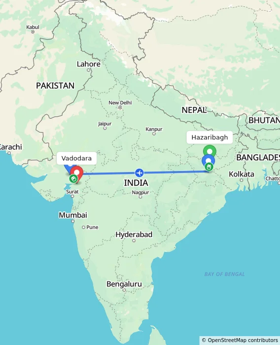Route map showing distance and travel time from Hazaribagh, India to Vadodara, India