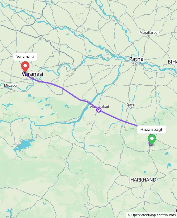 Route map showing distance and travel time from Hazaribagh, India to Varanasi, India