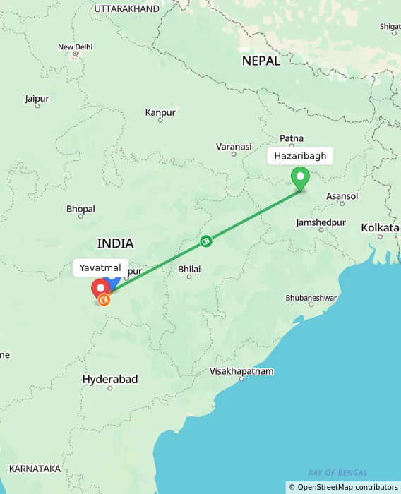 Route map showing distance and travel time from Hazaribagh, India to Yavatmal, India