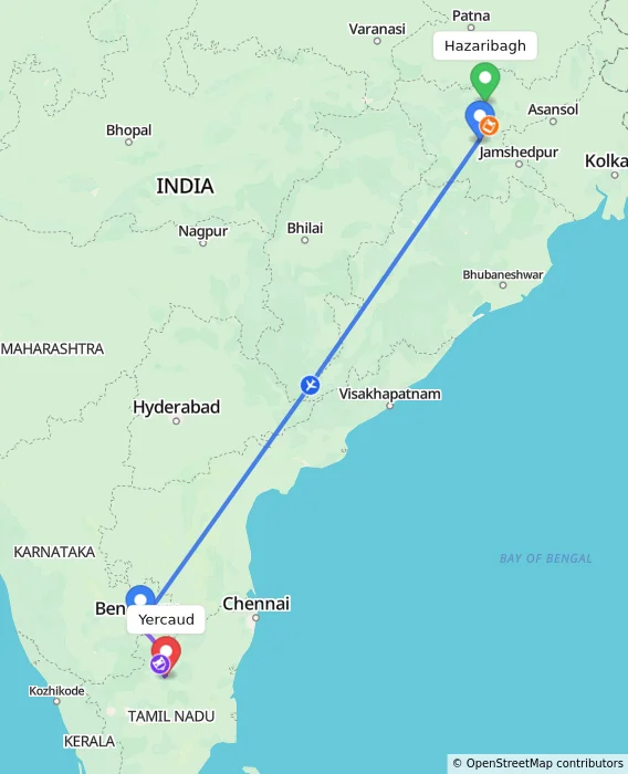 Route map showing distance and travel time from Hazaribagh, India to Yercaud, India