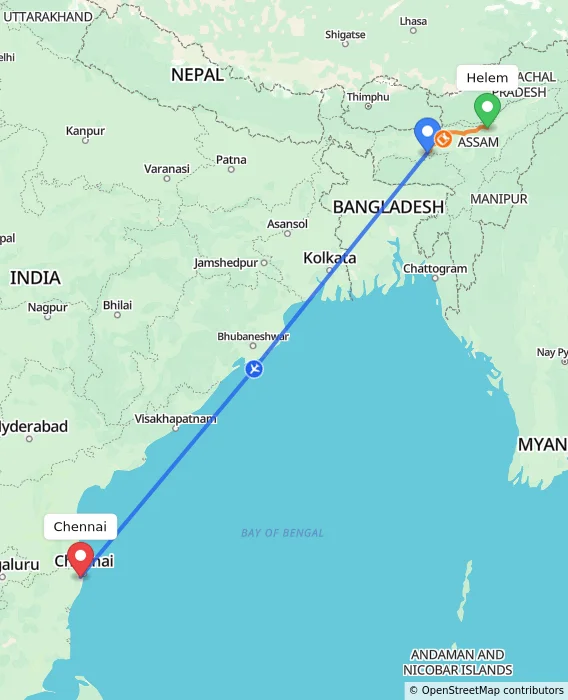 Route map showing distance and travel time from Helem, India to Chennai, India