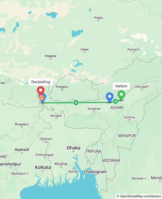 Route map showing distance and travel time from Helem, India to Darjeeling, India