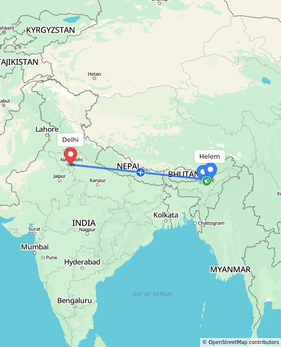 Route map showing distance and travel time from Helem, India to Delhi, India