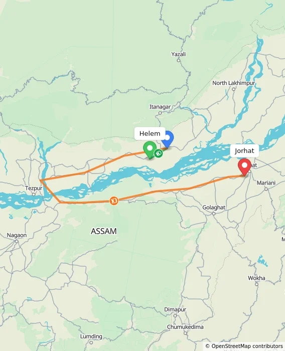 Route map showing distance and travel time from Helem, India to Jorhat, India