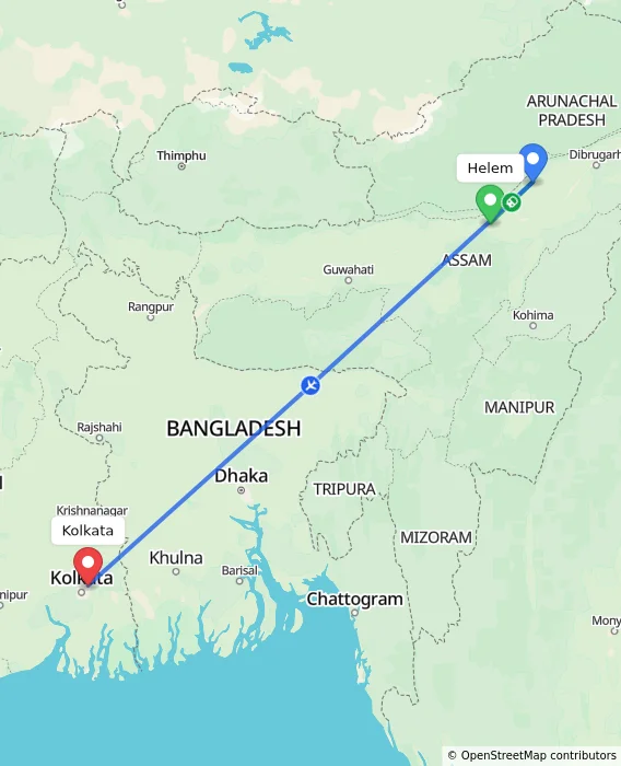 Route map showing distance and travel time from Helem, India to Kolkata, India