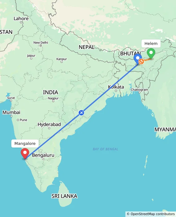Route map showing distance and travel time from Helem, India to Mangalore, India