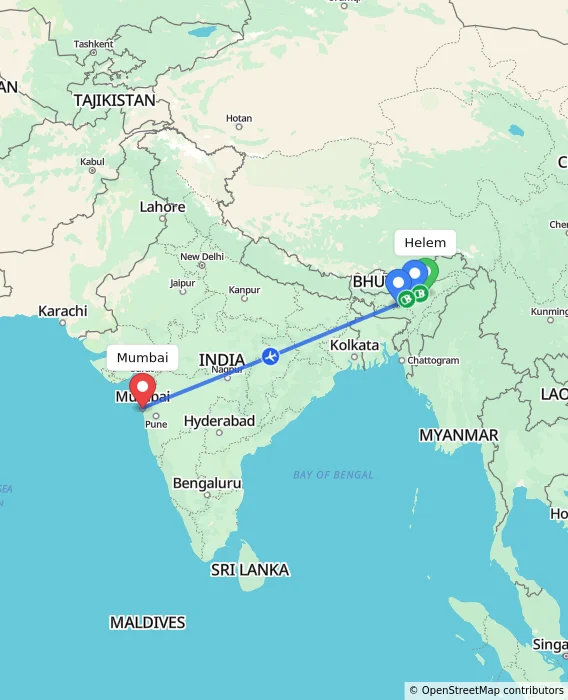 Route map showing distance and travel time from Helem, India to Mumbai, India