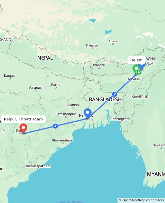 Route map showing distance and travel time from Helem, India to Raipur, Chhattisgarh, India