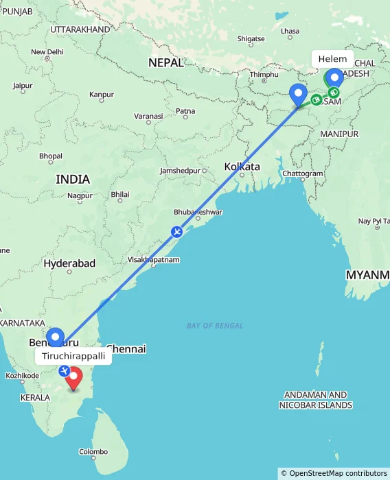 Route map showing distance and travel time from Helem, India to Tiruchirappalli, India