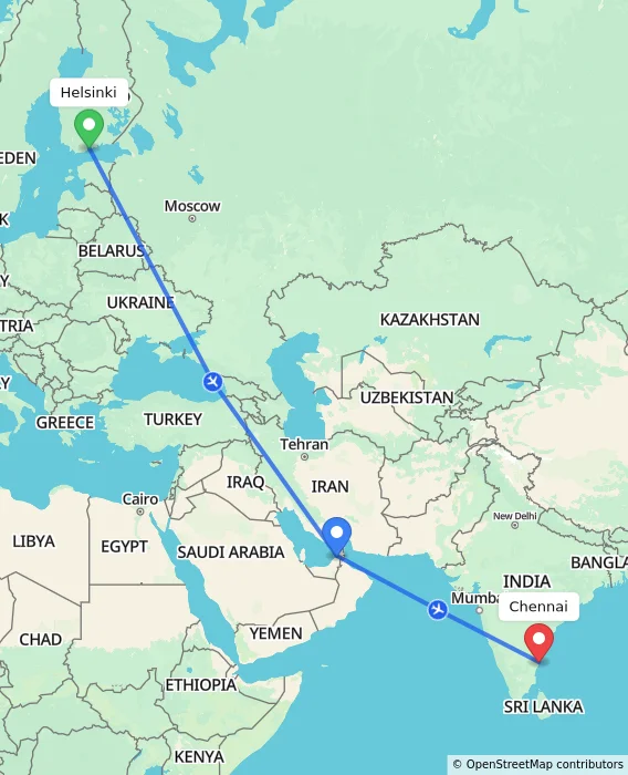 Route map showing distance and travel time from Helsinki, Finland to Chennai, India