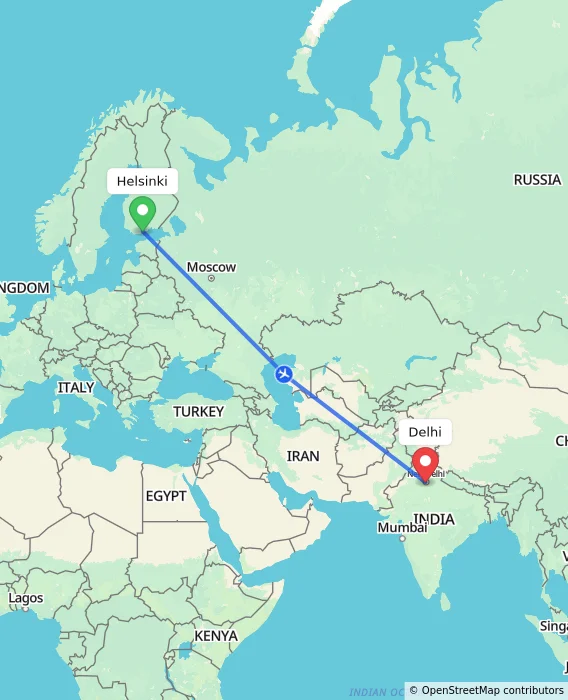 Route map showing distance and travel time from Helsinki, Finland to Delhi, India