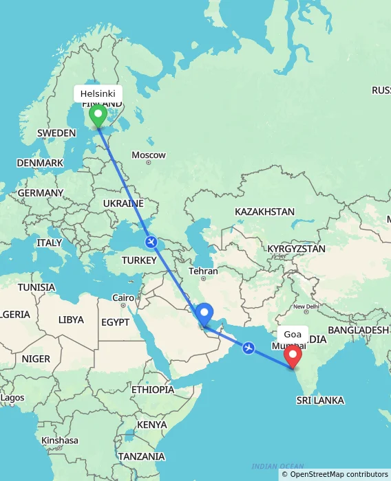 Route map showing distance and travel time from Helsinki, Finland to Goa, India