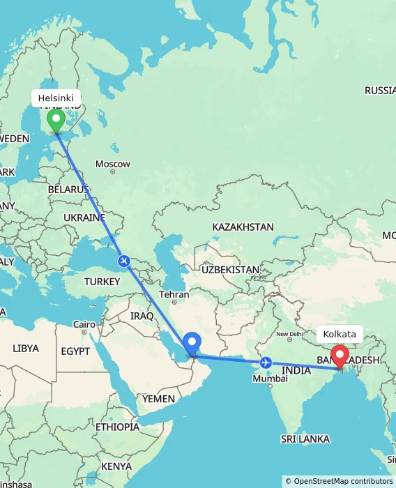 Route map showing distance and travel time from Helsinki, Finland to Kolkata, India